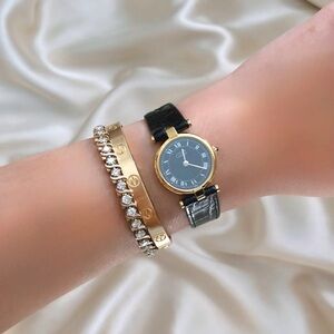 AUTHENTIC VINTAGE CARTIER BLACK LEATHER WATCH - WITH BOX